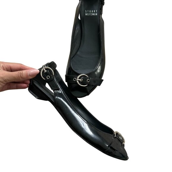 STUART WEITZMAN Black Patent Leather Peeptoe Buckle Flats Size 6.5 - Picture 8 of 9